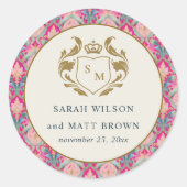  Hot Pink Gold Classy Floral Laurel Bruiloft Ronde Sticker (Voorkant)