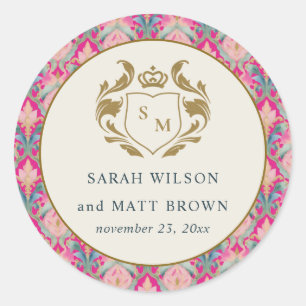  Hot Pink Gold Classy Floral Laurel Bruiloft Ronde Sticker