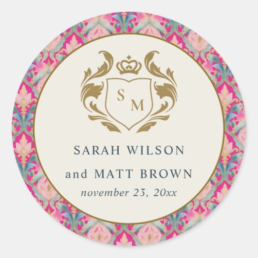  Hot Pink Gold Classy Floral Laurel Bruiloft Ronde Sticker (Voorkant)