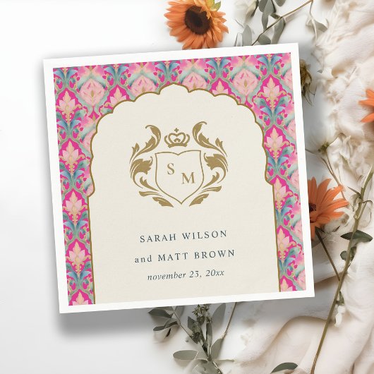  Hot Pink Gold Classy Floral Laurel Bruiloft Servet