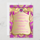 Hot Pink Gold Damask Bow Birthday Party Invite Kaart (Voorkant)