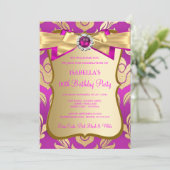 Hot Pink Gold Damask Bow Birthday Party Invite Kaart (Staand voorkant)