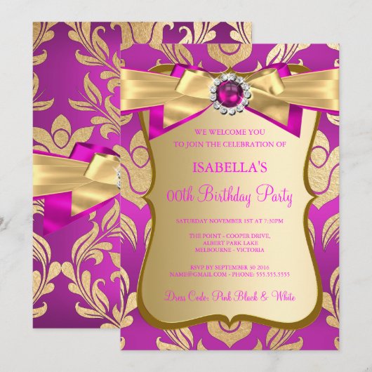 Hot Pink Gold Damask Bow Birthday Party Invite Kaart (Voorkant / Achterkant)