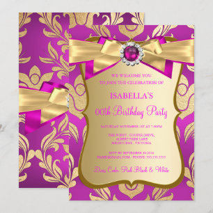 Hot Pink Gold Damask Bow Birthday Party Invite Kaart