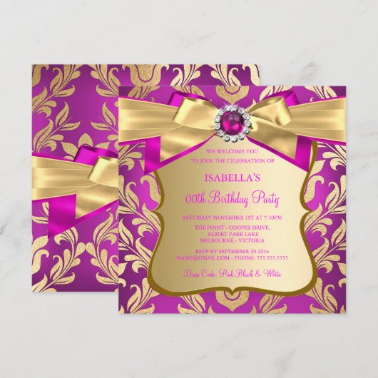 Hot Pink Gold Damask Bow Birthday Party nodigt 2 u Kaart (Voorkant / Achterkant)