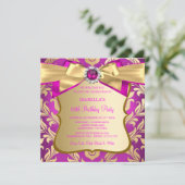 Hot Pink Gold Damask Bow Birthday Party nodigt 2 u Kaart (Staand voorkant)