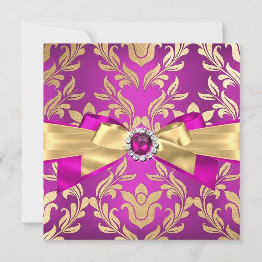 Hot Pink Gold Damask Bow Birthday Party nodigt 2 u Kaart (Achterkant)