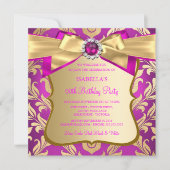 Hot Pink Gold Damask Bow Birthday Party nodigt 2 u Kaart (Voorkant)
