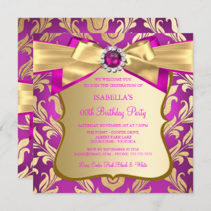 Hot Pink Gold Damask Bow Birthday Party nodigt 2 u Kaart