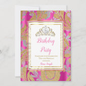 Hot Pink Gold Damask Gray Tiara Birthday Party Kaart (Voorkant)