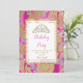 Hot Pink Gold Damask Gray Tiara Birthday Party Kaart (Staand voorkant)