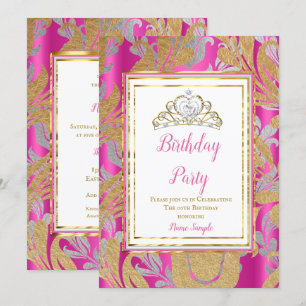 Hot Pink Gold Damask Gray Tiara Birthday Party Kaart