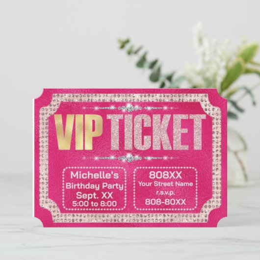 Hot Pink & Gold Diamonds en Glitter Ticket Kaart (Staand voorkant)