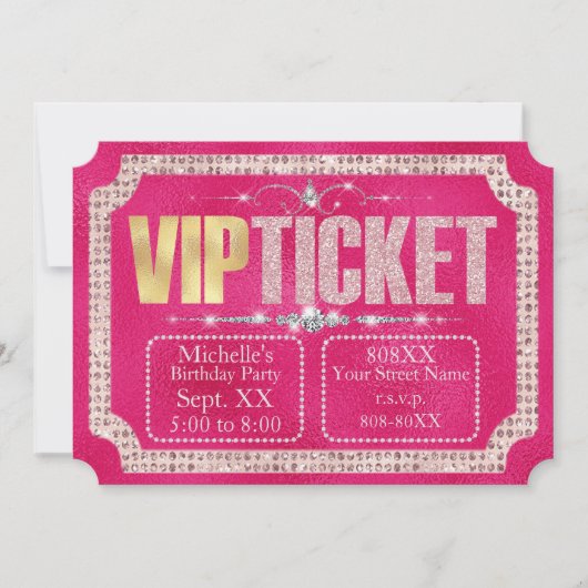 Hot Pink & Gold Diamonds en Glitter Ticket Kaart (Voorkant)