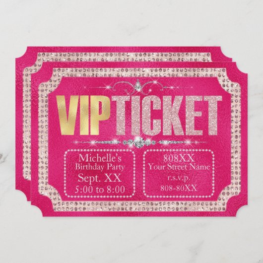 Hot Pink & Gold Diamonds en Glitter Ticket Kaart (Voorkant / Achterkant)