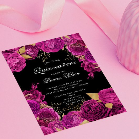 Hot Pink Gold Exclusieve bloemenquinceanera Kaart
