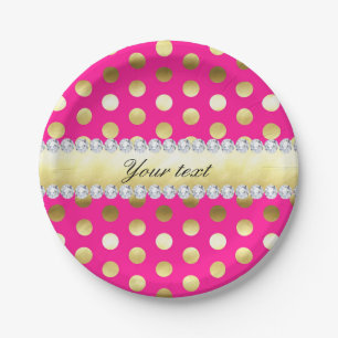 Hot Pink Gold Foil Polka Dots Diamonds Papieren Bordje