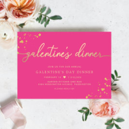 Hot Pink Gold Galentine's Day Dinner Invitation Kaart