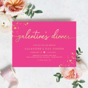Hot Pink Gold Galentine's Day Dinner Invitation Kaart