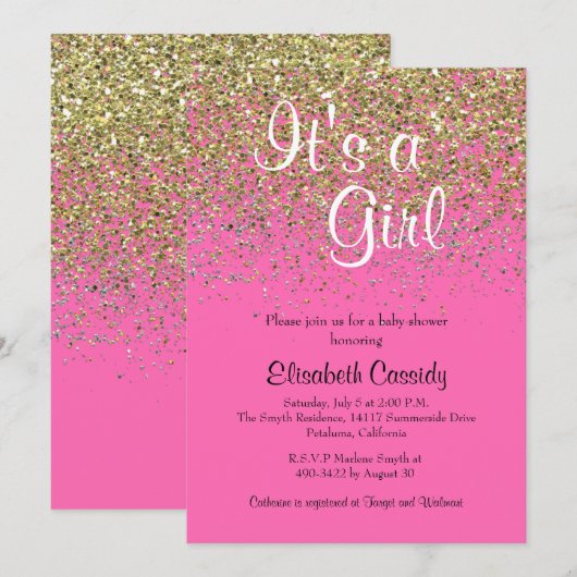 Hot Pink & Gold Glitter Baby shower Uitnodigen Kaart (Voorkant / Achterkant)