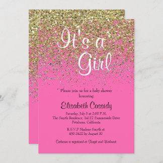 Hot Pink & Gold Glitter Baby shower Uitnodigen Kaart