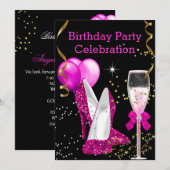 'Hot Pink Gold Glitter Balloons Birthday' Kaart (Voorkant / Achterkant)