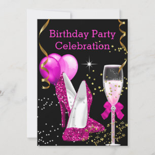 'Hot Pink Gold Glitter Balloons Birthday' Kaart