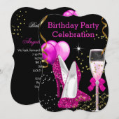 'Hot Pink Gold Glitter Balloons Birthday' Kaart (Voorkant / Achterkant)