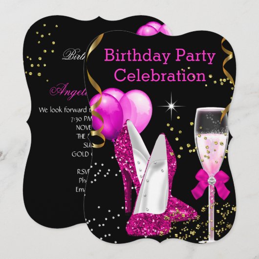 'Hot Pink Gold Glitter Balloons Birthday' Kaart (Voorkant / Achterkant)