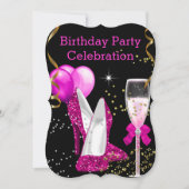 'Hot Pink Gold Glitter Balloons Birthday' Kaart (Voorkant)