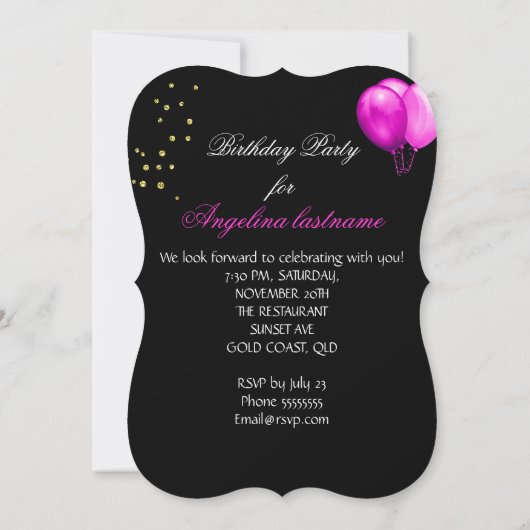 'Hot Pink Gold Glitter Balloons Birthday' Kaart (Achterkant)