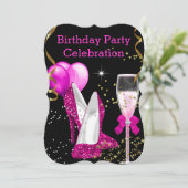 'Hot Pink Gold Glitter Balloons Birthday' Kaart (Staand voorkant)