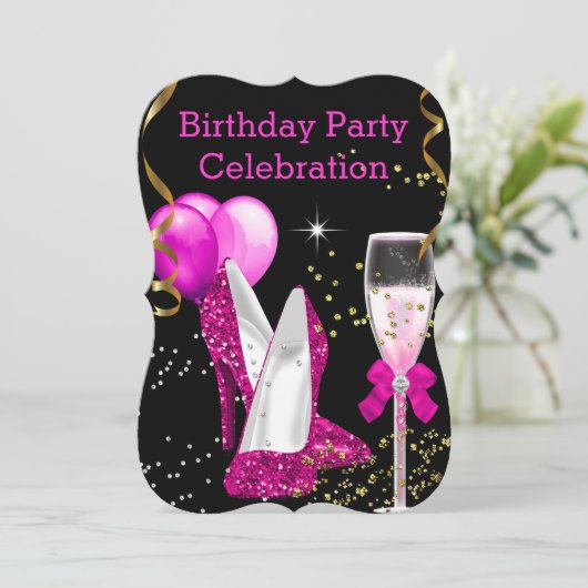 'Hot Pink Gold Glitter Balloons Birthday' Kaart (Staand voorkant)
