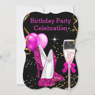 'Hot Pink Gold Glitter Balloons Birthday' Kaart