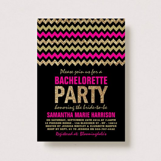 Hot Pink & Gold Glitter Chevron Bachelorette Party Kaart