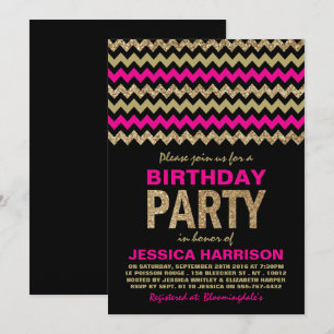 Hot Pink & Gold Glitter Chevron Birthday Party Kaart