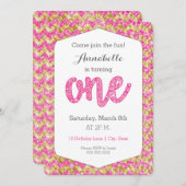Hot Pink Gold Glitter Chevron First Birthday Kaart (Voorkant / Achterkant)