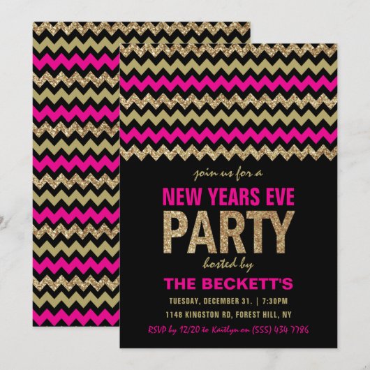 Hot Pink & Gold Glitter Chevron New Years Party Kaart (Voorkant / Achterkant)