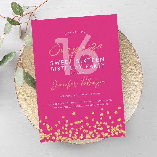 Hot Pink Gold Glitter Confetti Surprise Sweet 16 Kaart
