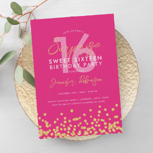 Hot Pink Gold Glitter Confetti Surprise Sweet 16 Kaart