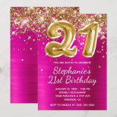 Hot Pink Gold Glitter Folie Ballon 21e verjaardag Kaart (Voorkant / Achterkant)