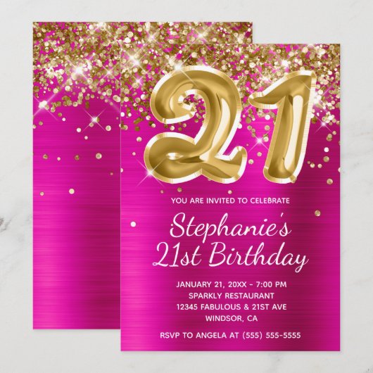 Hot Pink Gold Glitter Folie Ballon 21e verjaardag Kaart (Voorkant / Achterkant)