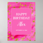 Hot Pink Gold Glitter Happy Birthday Name Datum Poster (Voorkant)