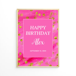 Hot Pink Gold Glitter Happy Birthday Name Datum Poster