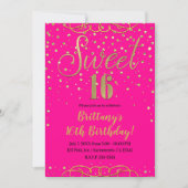 Hot Pink & Gold Glitter Modern Sweet 16 Party Kaart (Voorkant)