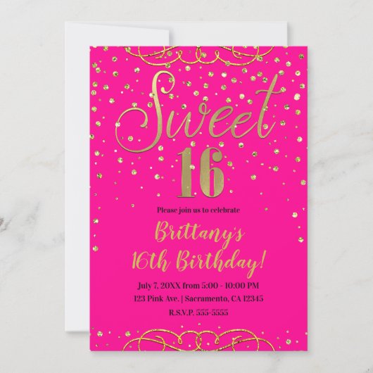Hot Pink & Gold Glitter Modern Sweet 16 Party Kaart (Voorkant)