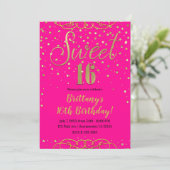 Hot Pink & Gold Glitter Modern Sweet 16 Party Kaart (Staand voorkant)