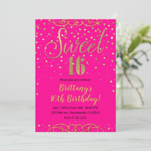 Hot Pink & Gold Glitter Modern Sweet 16 Party Kaart (Staand voorkant)