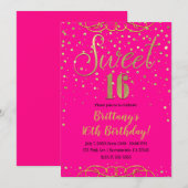Hot Pink & Gold Glitter Modern Sweet 16 Party Kaart (Voorkant / Achterkant)