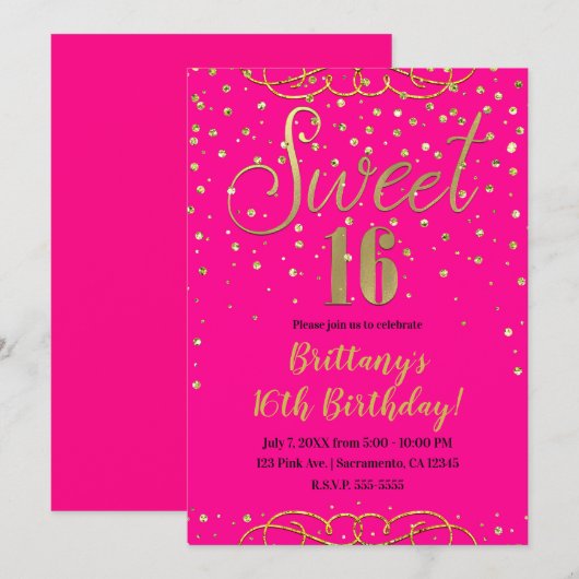 Hot Pink & Gold Glitter Modern Sweet 16 Party Kaart (Voorkant / Achterkant)